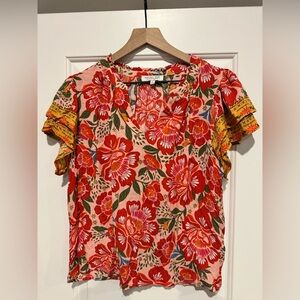 Rachel Zoe Red Floral V-Neck Flutter Sleeve Blouse